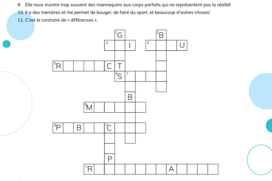 Quick activity: Body Image Crossword Puzzle