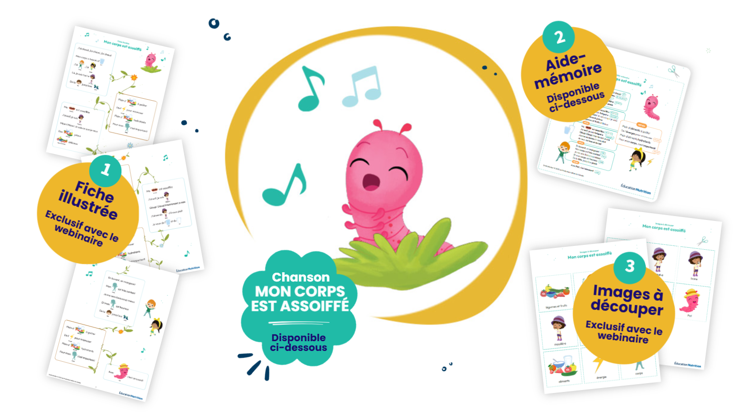Livre d'histoire Pat le mille-pattes et une soif d'été à la campagne, chanson Mon corps est assoiffé et son matériel complémentaire (French only)